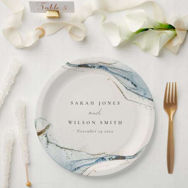 Assiettes En Carton Aquarelle Abstraite Blue Gold Mariage de plage (Mariage)