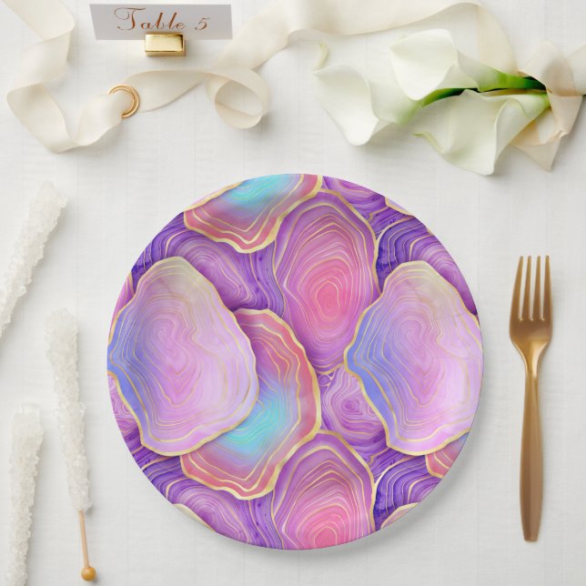 Assiettes En Carton Aquarelle Abstraite rose turquoise lavande agate (Mariage)