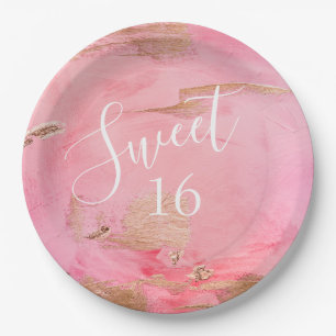 Assiettes En Carton Aquarelle Abstraite Sweet 16 Or rose