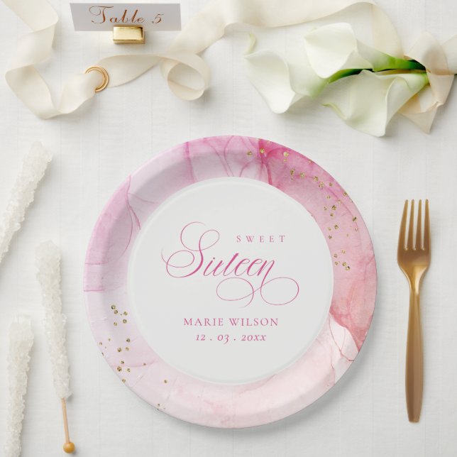 Assiettes En Carton Aquarelle Abstraite Sweet sixteen or rose (Mariage)