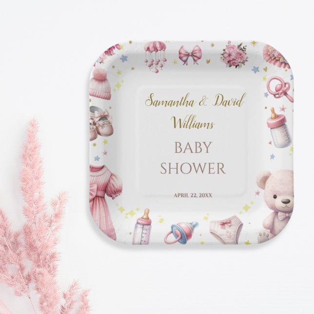 Assiettes En Carton Aquarelle Adorable rose Joyeux Baby shower Floral (Créateur téléchargé)