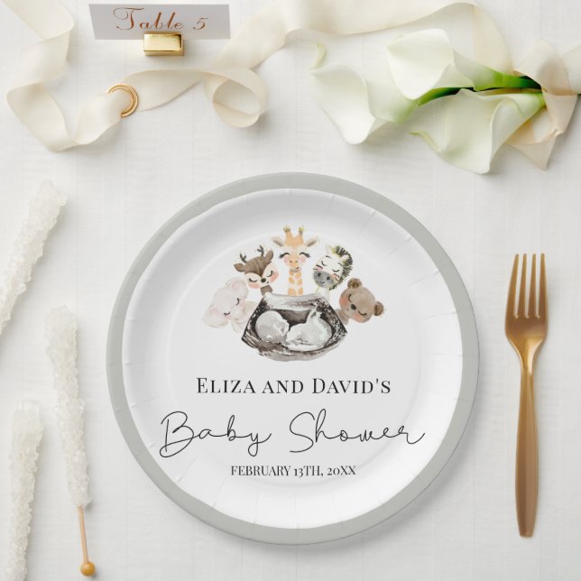 Assiettes En Carton Aquarelle Animaux Faux Baby shower Or moderne (Mariage)