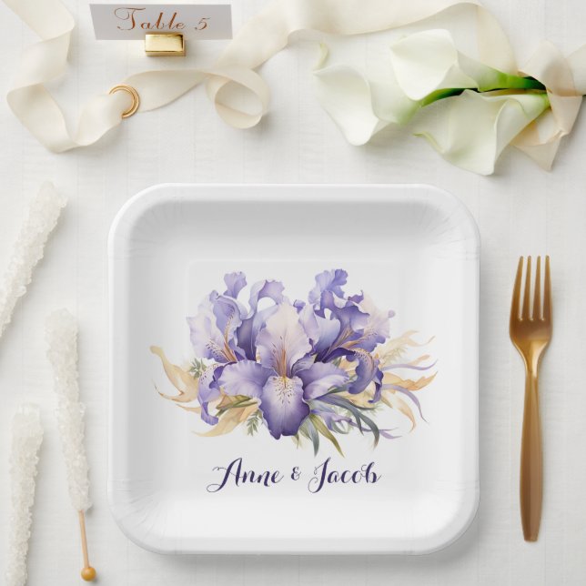 Assiettes En Carton Aquarelle Anniversaire Purple Iris Bouquet (Mariage)
