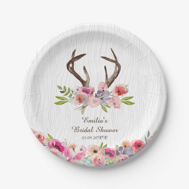 Assiettes En Carton Aquarelle Antlers Fleur sauvage Faux Bois Douche (Devant)