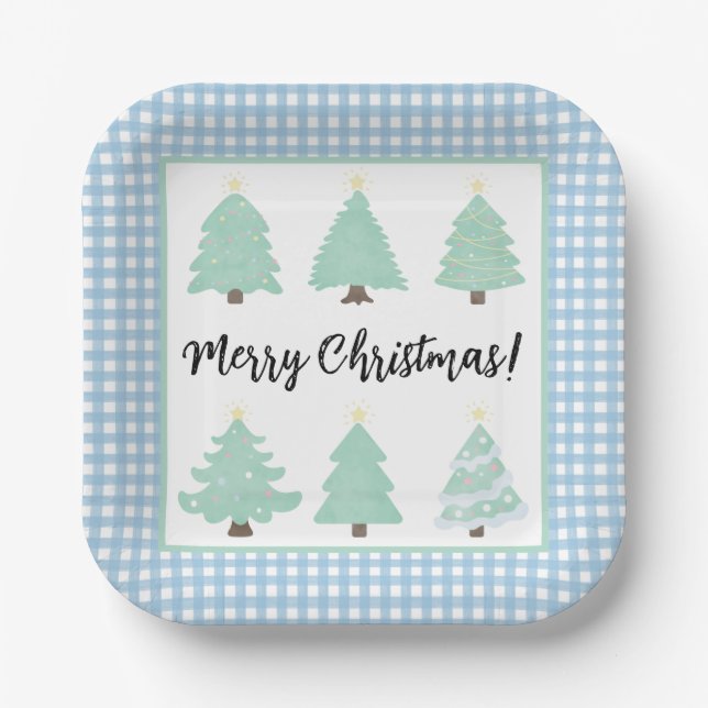 Assiettes En Carton Aquarelle Arbres de Noël avec Carré bleu plaid (Recto)