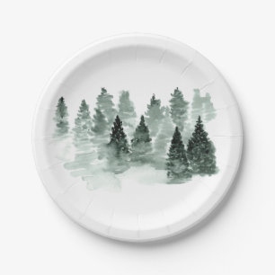 Assiettes En Carton Aquarelle Arbres verts et blancs Forêt rustique