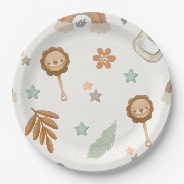 Assiettes En Carton Aquarelle arc-en-ciel Boho Sexe Baby shower neutre (Devant)