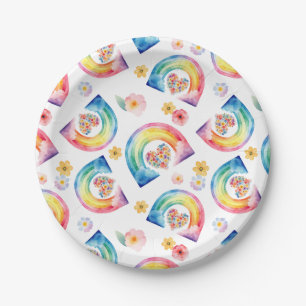 Assiettes En Carton Aquarelle Arc-en-ciel Floral Plaques de fête du co
