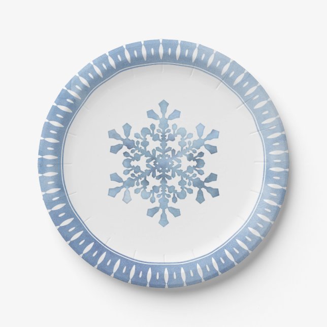 Assiettes En Carton Aquarelle artistique Flocon de neige Bleu Noël (Devant)