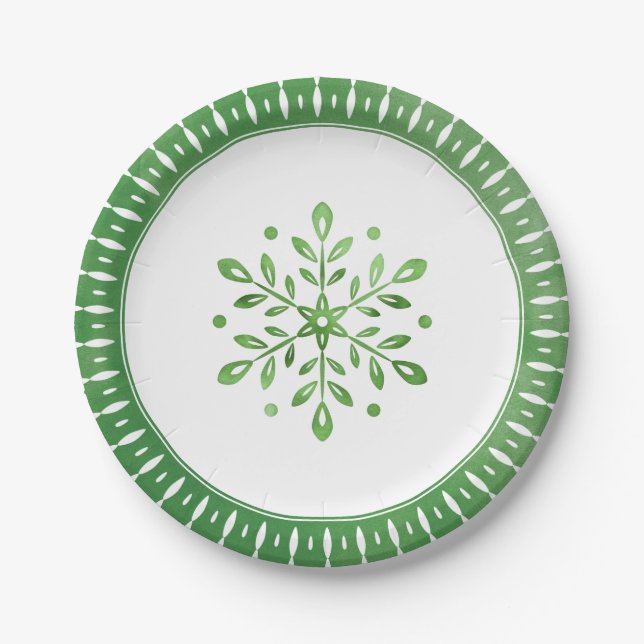 Assiettes En Carton Aquarelle artistique Flocon de neige vert Noël (Devant)