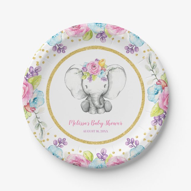 Assiettes En Carton Aquarelle Baby shower d'éléphants floraux