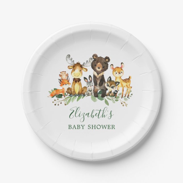 Assiettes En Carton Aquarelle Baby shower des animaux de bois (Devant)