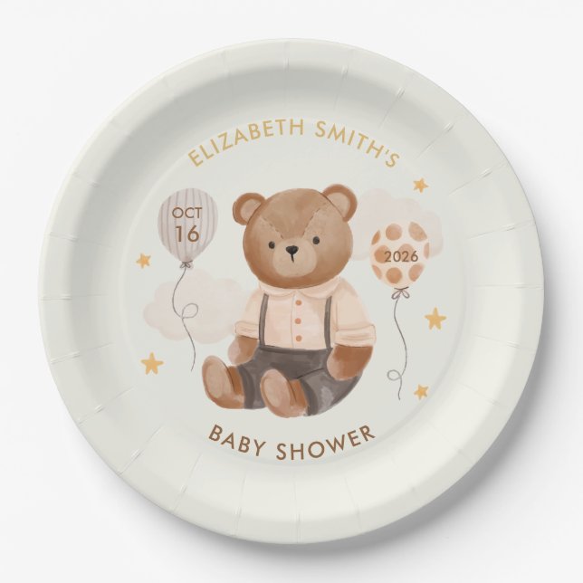 Assiettes En Carton Aquarelle Baby shower Ours en Teddy (Devant)