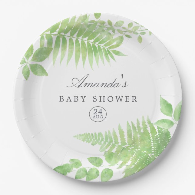 Assiettes En Carton Aquarelle Baby shower verdoyant (Devant)