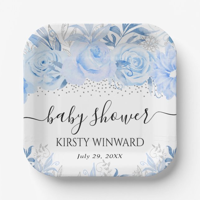 Assiettes En Carton Aquarelle Bébé Bleu Fleurs d'hiver Baby shower (Recto)