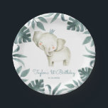 Assiettes En Carton Aquarelle bébé éléphant Prince Tropical Anniversai<br><div class="desc">Ajoutez un accent safari mignon au paysage de table de votre événement avec ces assiettes personnalisables en papier pour bébé éléphant. Il présente l'aquarelle d'un prince éléphant avec une couronne de feuilles tropicaux. Personnalisez en ajoutant vos propres détails. Ces plaques en papier d'éléphant seront parfaites pour les baby showers et...</div>