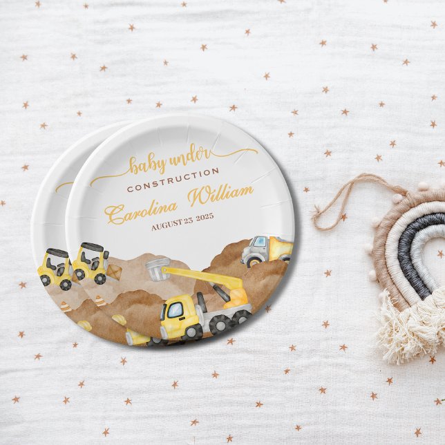 Assiettes En Carton Aquarelle bébé en construction baby shower (Créateur téléchargé)