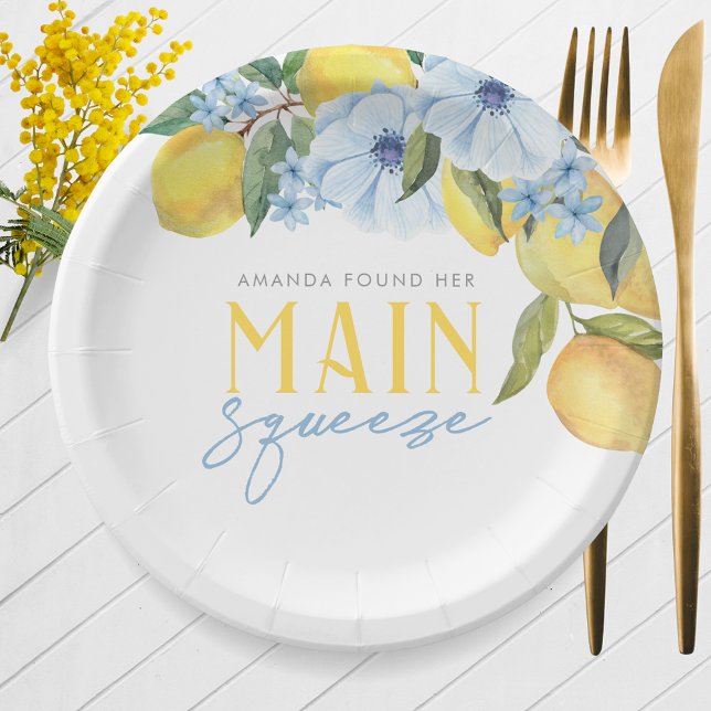 Assiettes En Carton Aquarelle Blanc Citron Le Grand Amour Personnalisé (Watercolor Lemon Main Squeeze Personalized Paper Plates on White. 7'' or 9'' Available)