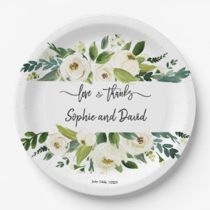 Assiettes En Carton Aquarelle Blanc Floral Frame Amour et Merci