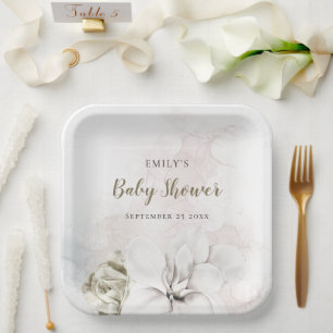 Assiettes En Carton Aquarelle Blanc Floral Gir ou Baby shower garçon