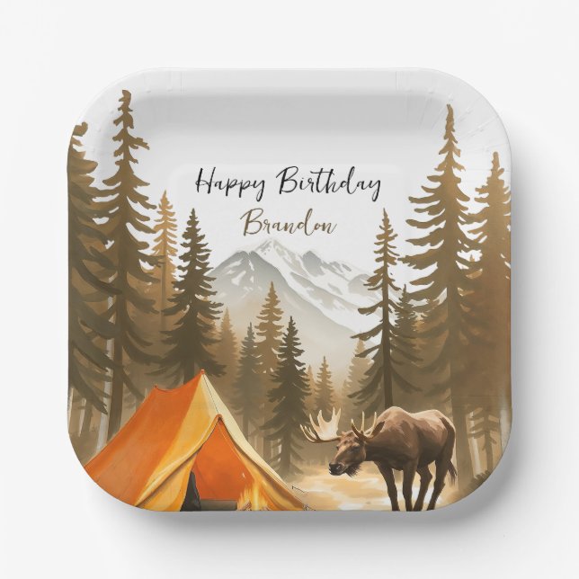 Assiettes En Carton Aquarelle Blanc Rustique Bois Camping Anniversaire (Recto)