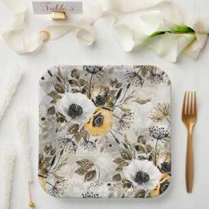 Assiettes En Carton Aquarelle blanche, fleurs jaunes