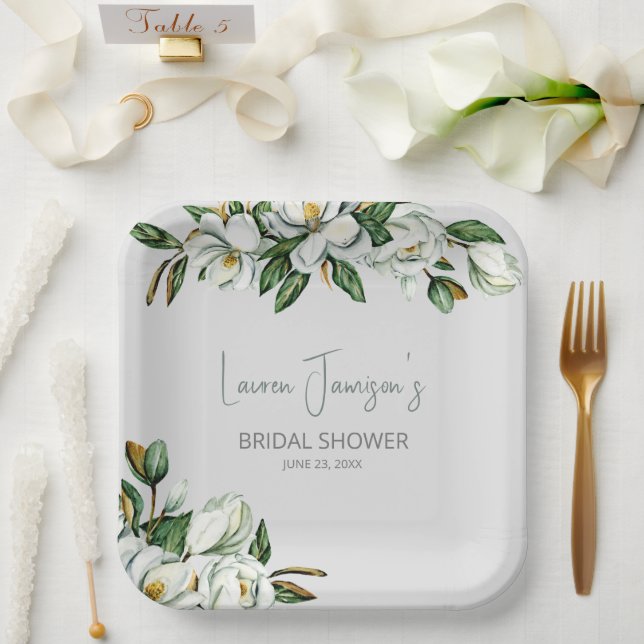 Assiettes En Carton Aquarelle blanche Magnolia Fête des mariées verte (Mariage)