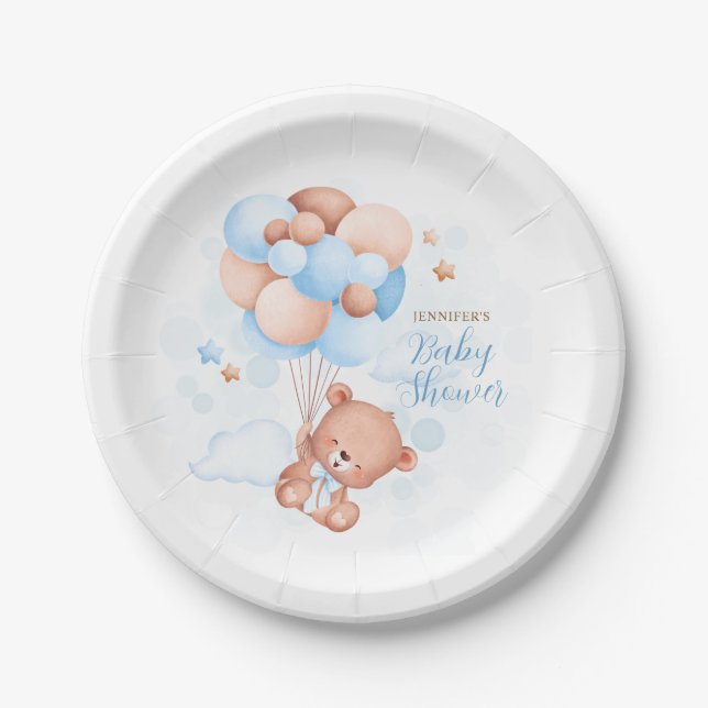Assiettes En Carton Aquarelle Bleu Ballons Baby shower Ours en Teddy (Devant)