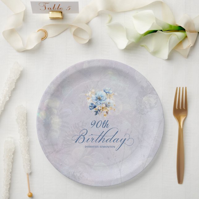 Assiettes En Carton Aquarelle bleu blanc Floral 90e anniversaire (Mariage)
