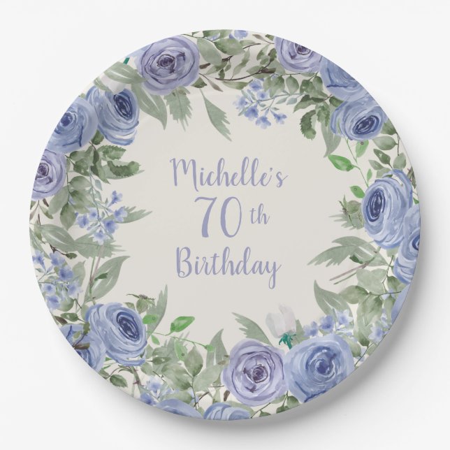 Assiettes En Carton Aquarelle bleu Dusty Floral 70e anniversaire (Devant)