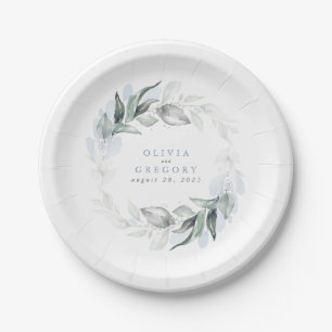 Assiettes En Carton Aquarelle bleu Dusty Vert Mariage romantique