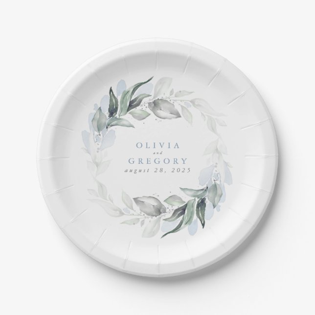 Assiettes En Carton Aquarelle bleu Dusty Vert Mariage romantique (Devant)