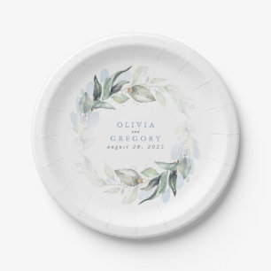 Assiettes En Carton Aquarelle bleu Dusty Vert Mariage romantique