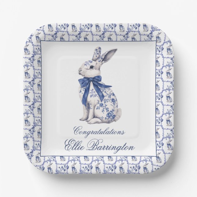 Assiettes En Carton Aquarelle Bleu et blanc Chinoiserie Lapin Rabbit (Recto)