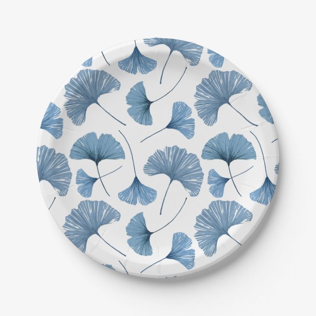 Assiettes En Carton Aquarelle bleu et blanc Gingko Motif de feuillage (Devant)