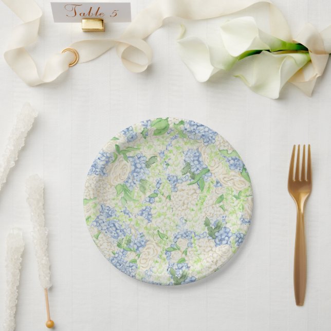 Assiettes En Carton Aquarelle Bleu et Blanc Hydrangea Crest (Mariage)