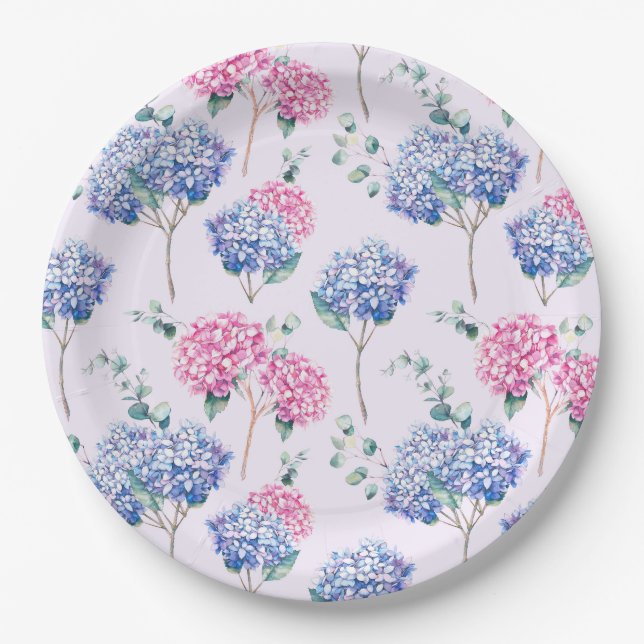 Assiettes En Carton Aquarelle Bleu et rose Hydrangeas motif floral (Devant)