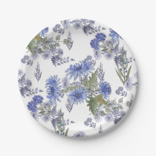 Assiettes En Carton Aquarelle bleu fleurs roses plumes blanc napki