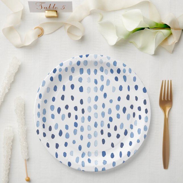 Assiettes En Carton Aquarelle bleu Indigo pois shibori japonais (Mariage)