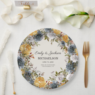 Assiettes En Carton Aquarelle bleu jaune Floral Mariage marié