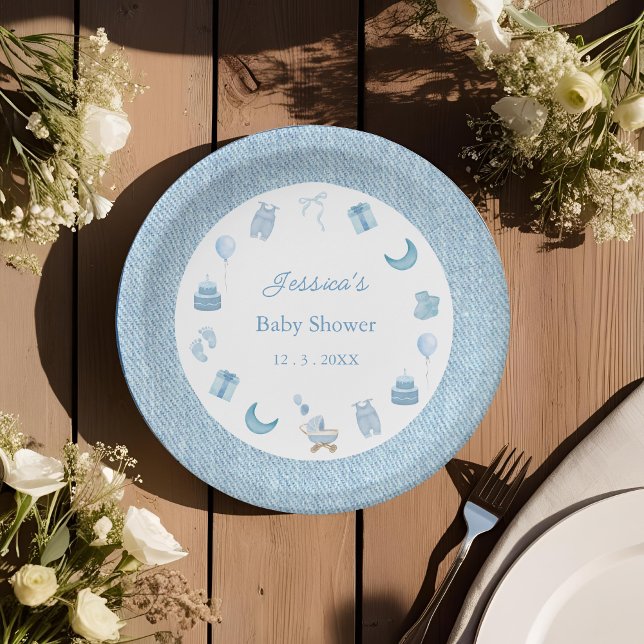 Assiettes En Carton Aquarelle Bleu Jean Bébé Baby shower Denim (Créateur téléchargé)