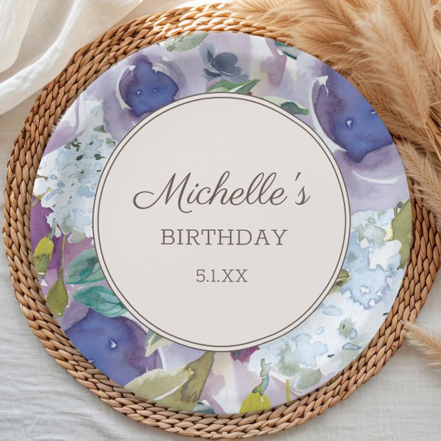 Assiettes En Carton Aquarelle bleu Lilac Dusty Anniversaire florale (Elegant purple watercolor floral women's birthday party paper plates personalized with your own text)