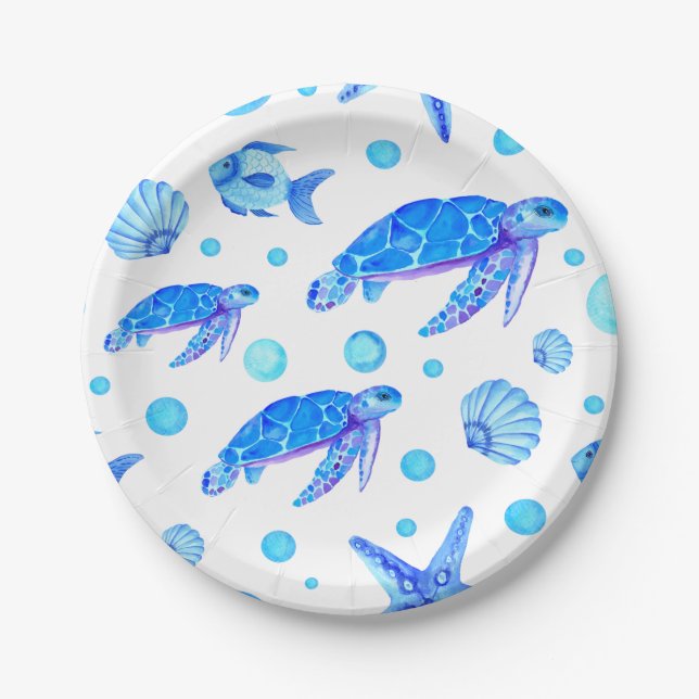 Assiettes En Carton Aquarelle bleu Motif Nautique Turtle Fish Party (Devant)