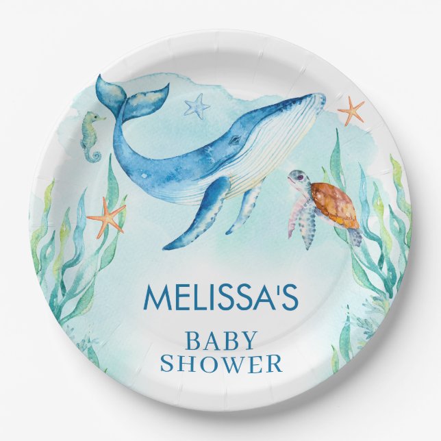 Assiettes En Carton Aquarelle Bleu Océan Sous Le Baby shower De Mer (Devant)