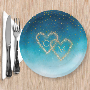 Assiettes En Carton Aquarelle Bleu Océan Vagues Avec Mariage Monogramm