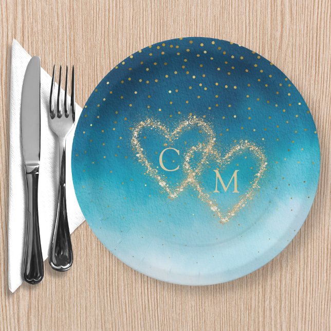 Assiettes En Carton Aquarelle Bleu Océan Vagues Avec Mariage Monogramm (Créateur téléchargé)