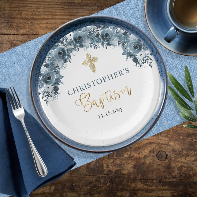 Assiettes En Carton Aquarelle bleu or Floral Garçon Baptême (Elegant Blue and Faux Gold Watercolor Floral Boy Baptism Paper Plates)