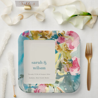 Assiettes En Carton Aquarelle bleu rose Abstrait Mariage floral