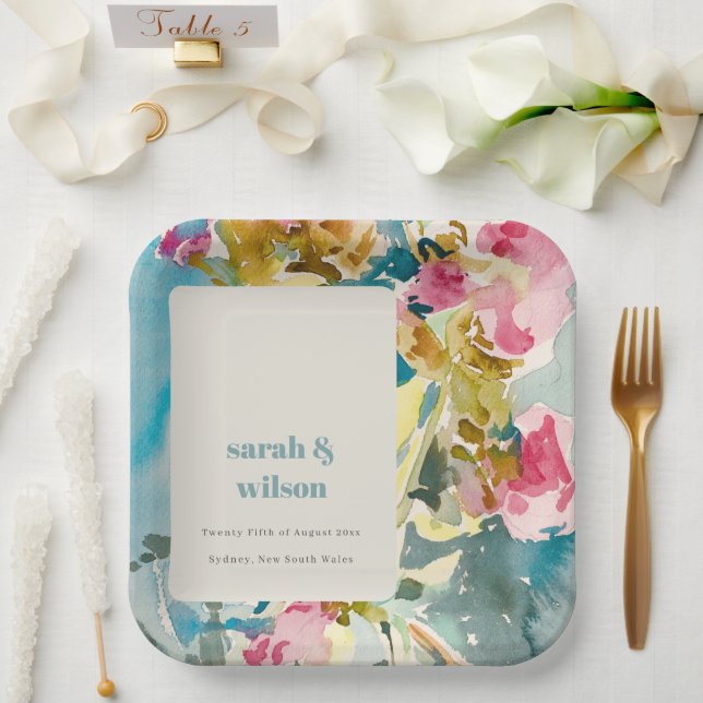 Assiettes En Carton Aquarelle bleu rose Abstrait Mariage floral (Mariage)