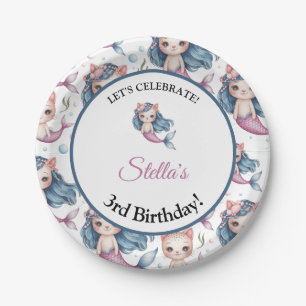 Assiettes En Carton Aquarelle bleu rose Sirène Chat Fille Anniversaire
